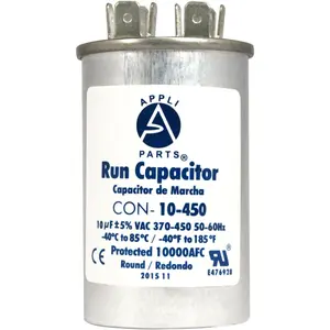 Appli Parts Run Capacitor for ac 10 Mfd uF (microfarads) 370 VAC or 450 VAC CBB65 Round Universal fit for hvac and other applications 3 in High 1-1/2 in Wide CON-10-450