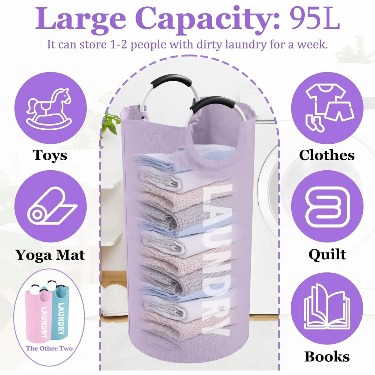 3PCS 95L Laundry Basket, Collapsible Clothes Hamper with Handle, 600D Cloth Laundry Bin, Stand-alone Dirty Clothes Hamper for Livingroom, Bedroom,, Pink+Blue+Purple 3PCS 95L Laundry Basket, Collapsible Clothes Hamper with Handle, 600D Cloth Laundry Bin, Stand-alone Dirty Clothes Hamper for Livingroom, Bedroom,, Pink+Blue+Purple