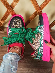 Women's Fashion Colorblock Leopard Zebra Style Casual Sneakers, Comfortable Low Top Height Skate Shoes, Perfect for Party, Christmas Gift, Outdoor Activities, Versatile Use