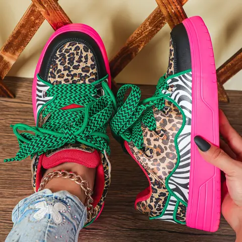 Women's Fashion Zebra and Leopard Print Sneakers, Casual Comfortable Low-Top Skate Shoes, Versatile Lifestyle Colorblock Sneakers, Perfect for Party, Outdoor Activities & Christmas Gift, Lowtop Casual Sneakers
