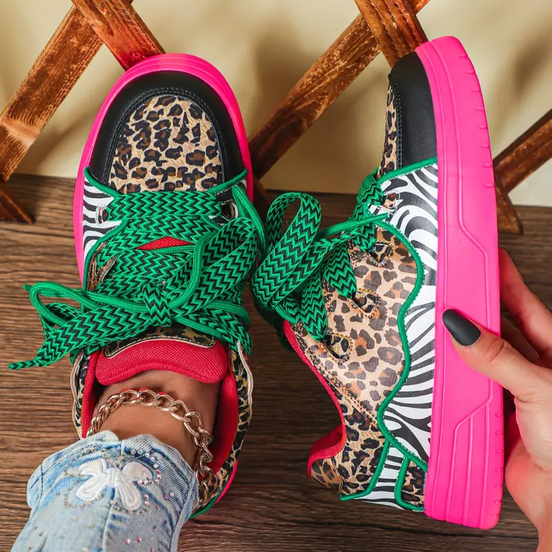 Women's Fashion Zebra and Leopard Print Sneakers, Casual Comfortable Low-Top Skate Shoes, Versatile Lifestyle Colorblock Sneakers, Perfect for Party, Outdoor Activities & Christmas Gift, Lowtop Casual Sneakers