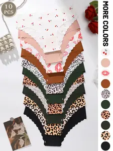 10-piece set of women's underwear, low-waisted women's triangle briefs with wavy edges, featuring sexy leopard print, cherry print, and various solid colors, suitable for casual sports and daily wear all year round Underwear Sets