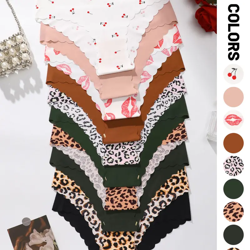 10-piece set of women's underwear, low-waisted women's triangle briefs, Daily Panties, with wavy edges, featuring leopard print, cherry print, and various solid colors, suitable for casual sports and daily wear all year round, Low Waist Panty