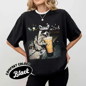 Comfort Colors Raccoon Drinking Iced Coffee Aesthetic Shirt, Trendy Animal Meme Graphic Tee, Funny Coffee Raccoon T Shirt, Gift For Animal Lover