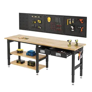 [DealsForYouDays][Summerwins] AMERLIFE48"/60"/72"/84"/96" 2-Tier Heavy Duty Work Bench with Drawer & Pegboard, Workbench with Storage, Adjustable Height, Power Outlets, for Garage, Workshop & Home Use Tool Organizers Tool Organisers