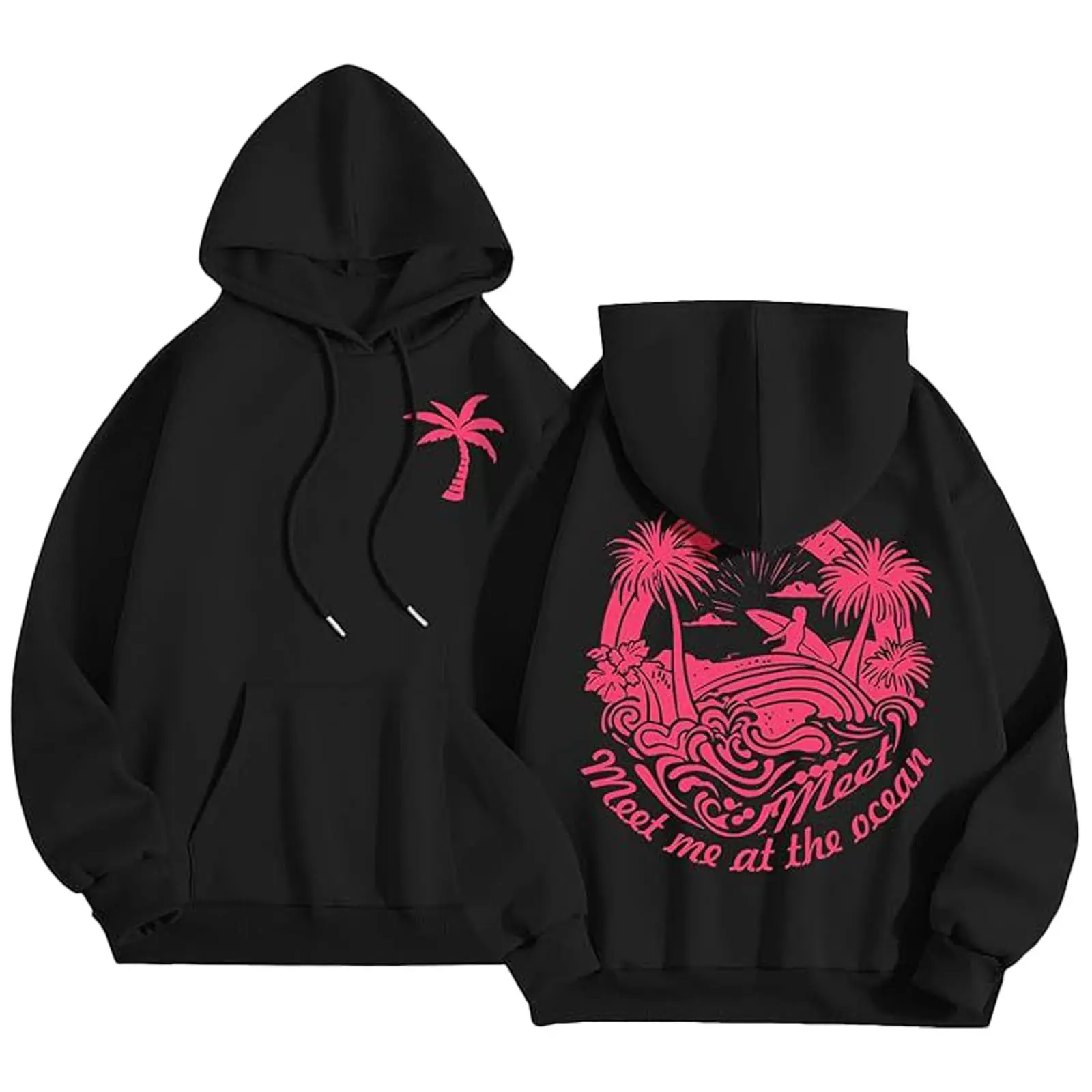 Palm Puff Hoodie for Women, Cute Palm Pink Graphic Pullover Sweatshirt