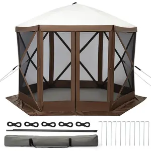 GARVEE 12x12 Ft Pop-Up Gazebo Screen Tent with Mosquito Netting, 6-Sided Camping Tent Canopy, Side Mesh Screens, Waterproof & UV-Resistant Sun Shelter, Carry Bag, for Patio, Backyard, Lawn, Brown
