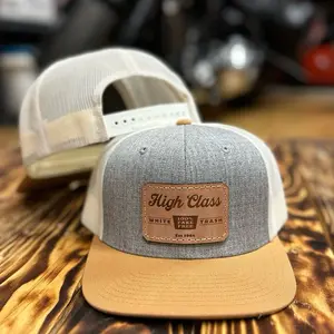 High Class White Trash Leather Patched Hat - Gray & Tan Mesh Design with Leather Patch Detailing