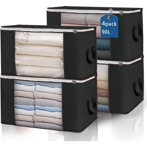 Large Storage Bags, 4 Pack Clothes Storage Bins Foldable Closet Organizers Storage Containers with Durable Handles Thick Fabric for Blanket Comforter Clothing Bedding 90 L (Black)