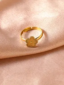 Gold Tone Clover Adjustable Open Ring for Women, Dainty Flower Statement Ring, Elegant Everyday Jewelry