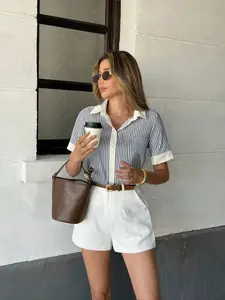 Retro Office Gray&White Stripe Contrast Collar Short-Sleeve Shirt Light French Minimalist Gray&White Vertical Stripe Slim Shirt Vintage American Casual Gray&White Stripe Contrast Trim Short-Sleeve Shirt