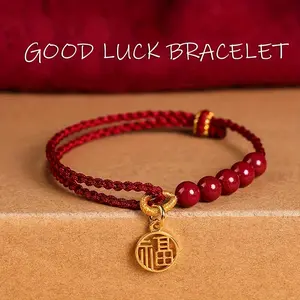1pc Red Braided Bracelet with Fortune Charm Pendant, Casual Style, Polyester Material, No Magnetic, Copper Alloy Pendant