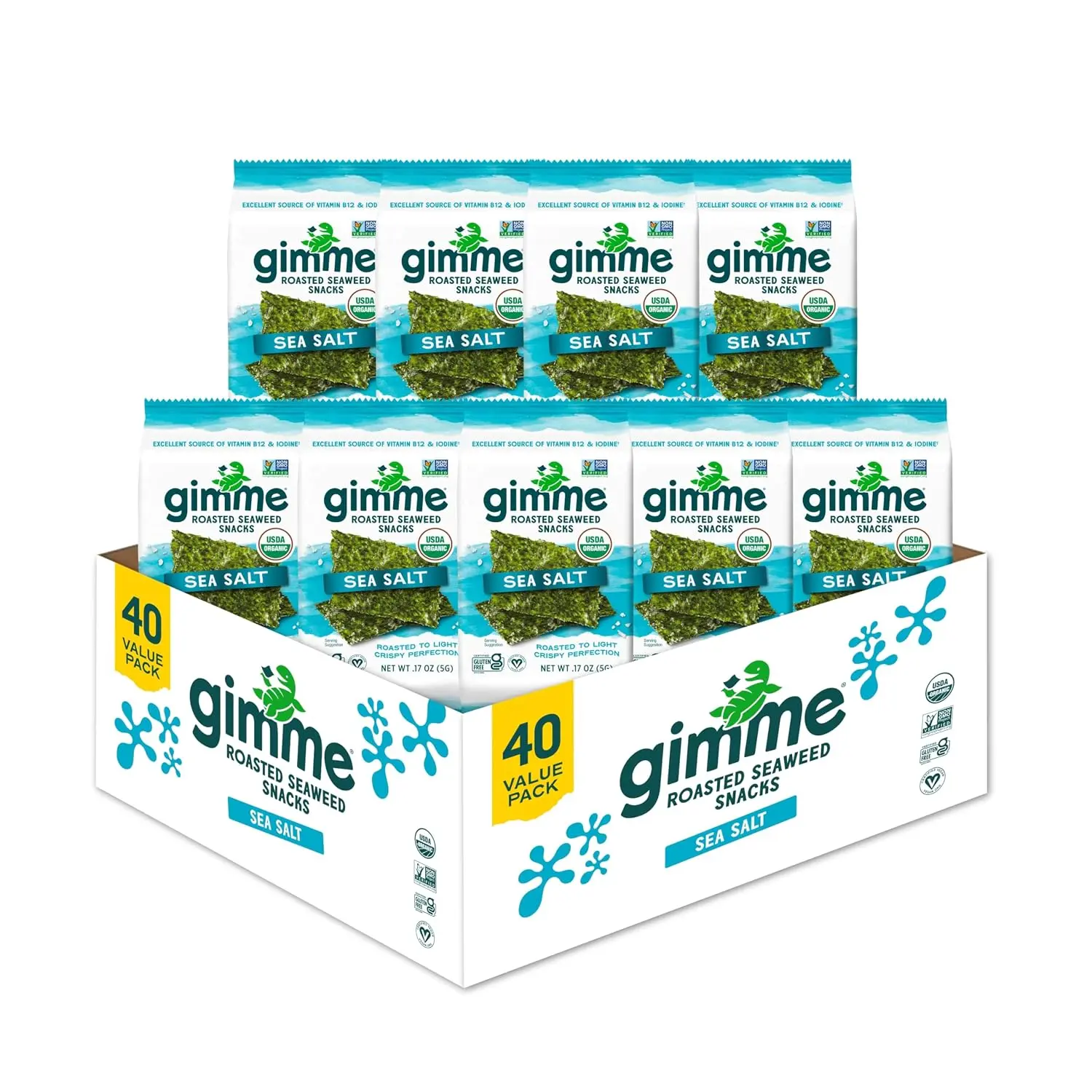Gimme Seaweed Organic Premium Roasted Seaweed Snacks, Sea Salt, 20 Count, Keto, Vegan, Gluten-Free, Great Source of Omega3s and Iodine, Healthy On-The-Go Snack for Kids and Adults