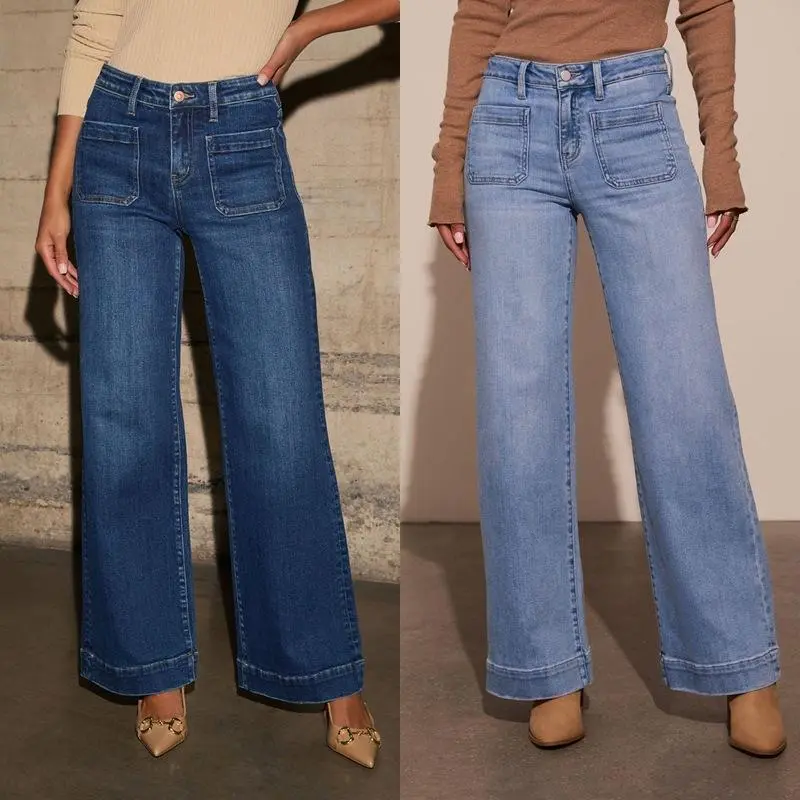 Women's High Waist Wide Leg Cotton Denim Bottoms - Polyester-Blend, Pocketed, Preppy, Basic, Foldable, Comfortable Fit, Versatile Everyday Wear Pants, Cotton Blend