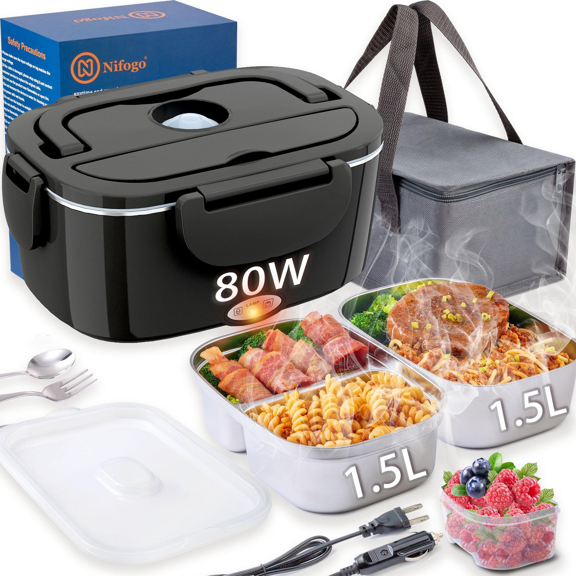 Electric Lunch Box -12V/24V/110V, 80W, 1.8L Capacity Portable Food Heater with Tableware and Lunch Bag for Car, Home, Office & Travel Use