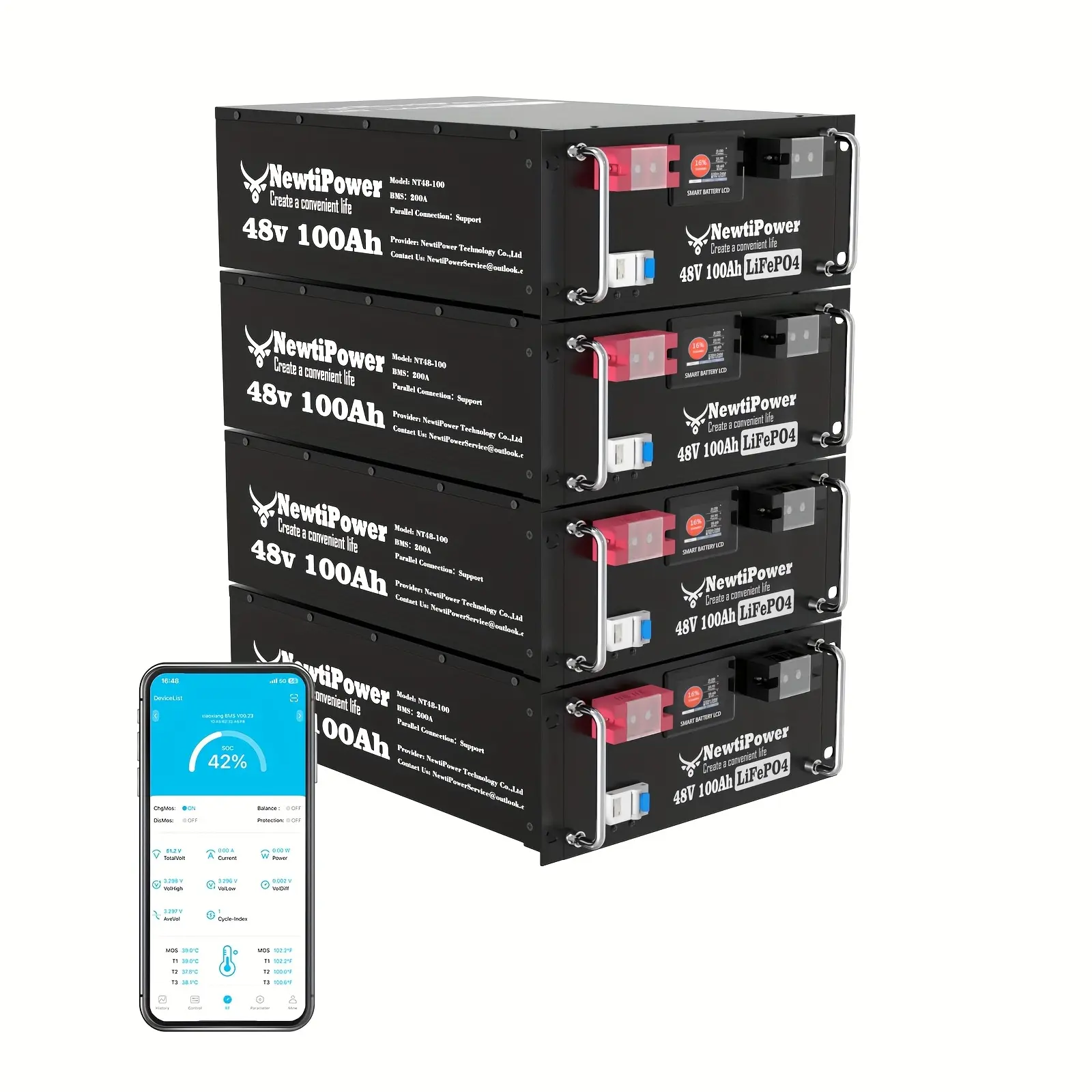 NewtiPower 48V 100Ah Golf Cart LiFePO4 Battery, 1pc, 2pcs, 4pcs, with APP, Charger And Monitor, 10KW Continuous Power Lithium, with 200A BMS, Rechargeable Cycle Up to 10000 Times, Very Suitable for Golf Carts