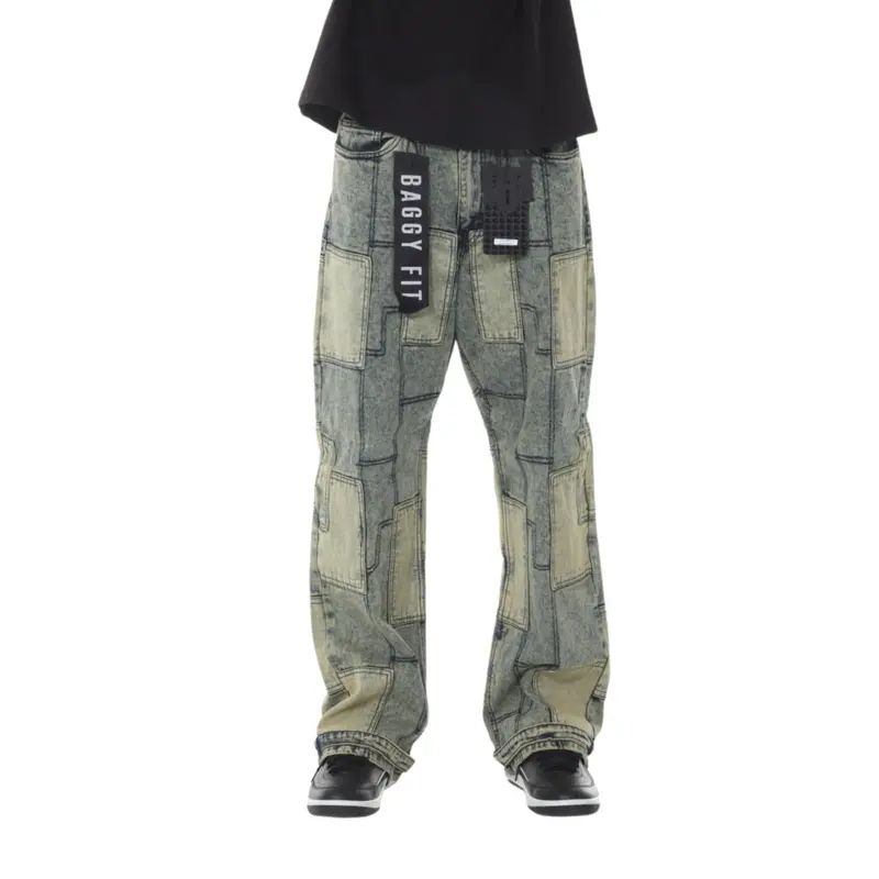 Men's Patchwork Baggy Denim Jeans - Relaxed Fit All Seasons Durable Design Comfortable Material Blue & Khaki Vintage Fade Ideal for Casual Outings