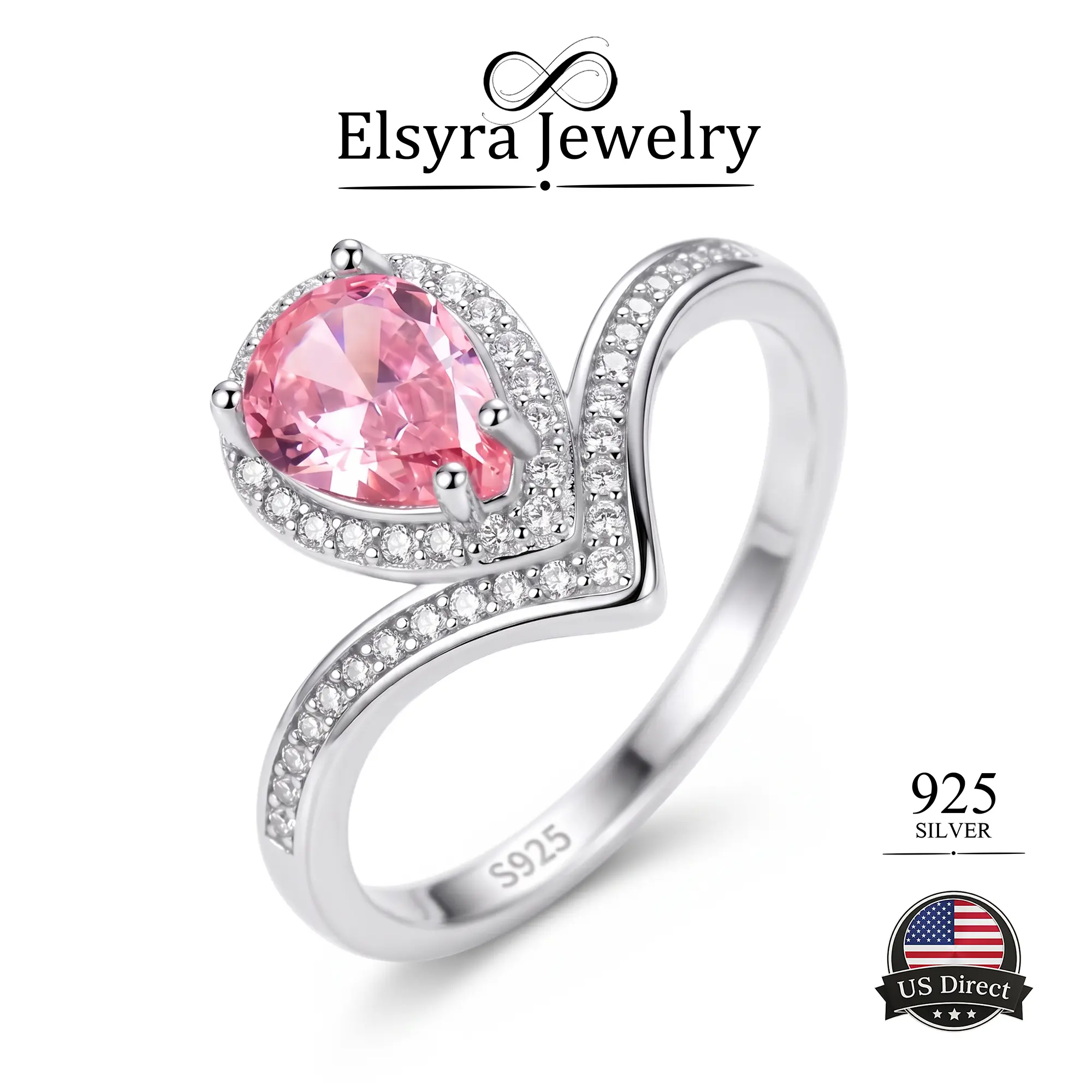 ELSIRA Women's 925 Sterling Silver Heart Design Ring - Flamingo Pink Peach Pear Synthetic Coloured Gemstone Ring with Cubic Zirconia, Luxurious Daily Anniversary Engagement Promise Birthstone Jewelry for Females, Valentine’s Day Gift