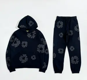 Denim Tears Women's 2 Piece Set Cute Floral Print Pocket Hooded Sweatshirt & Elastic Waist Sweatpants Casual Long Sleeve Pullover Comfortable Sports Outfit Autumn Winter Clothing Suits Trouser Gamis