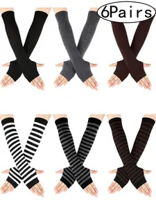 6Pairs-Women's Long Warm Knitted Fingerless Gloves, Unisex Half-Cover Design, Multi-Color Options, All Season Wear, Sporty Slim Fit