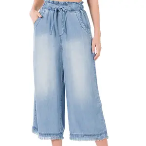 CHAMBRAY PAPERBAG WAIST WIDE LEG CROP PANTS