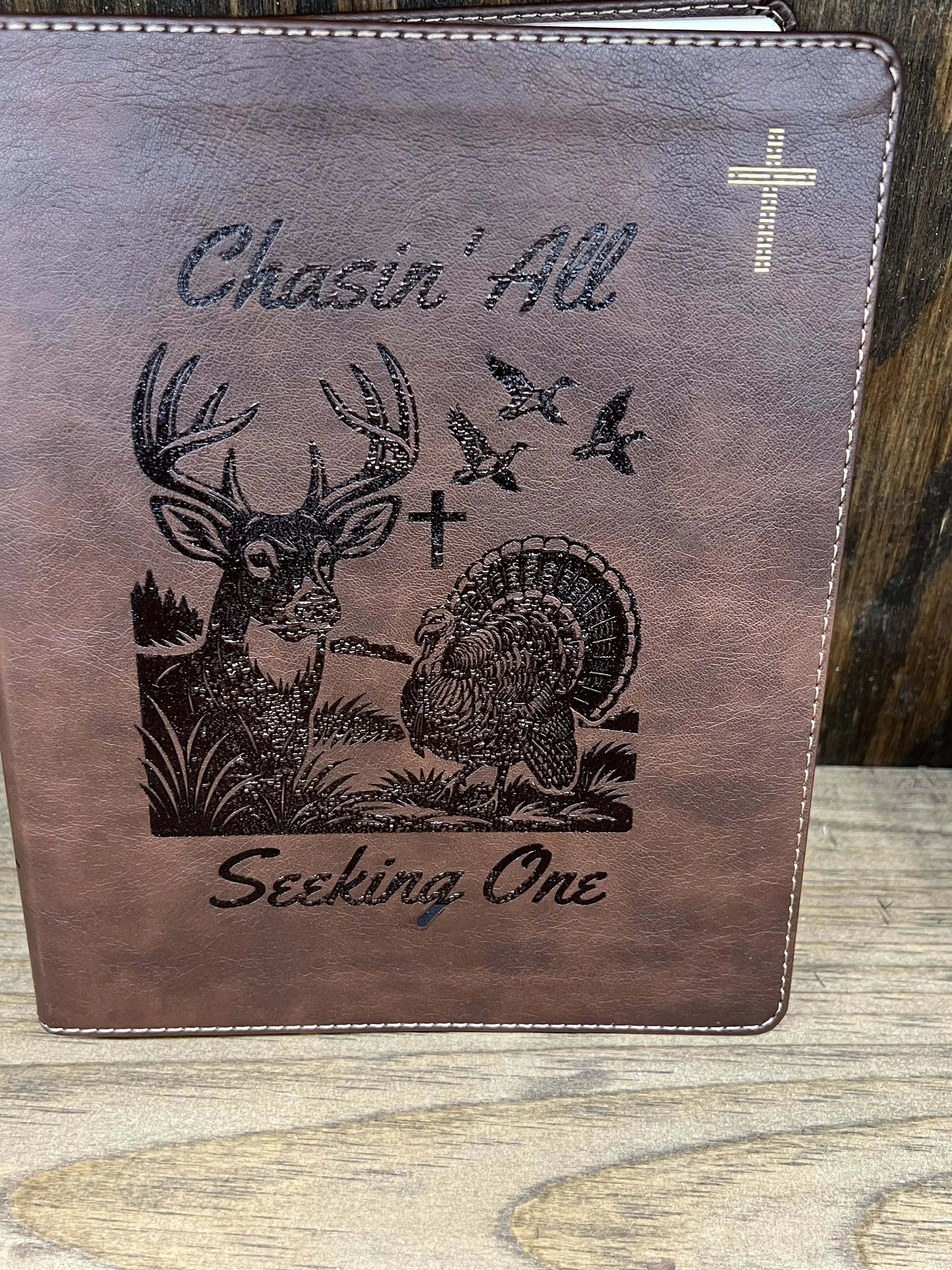Personalized Chasin' All Seeking One Bible Engraved Leather Bible Whitetail Buck and Turkey Scene Hunting Gift for Him Christian Hunter