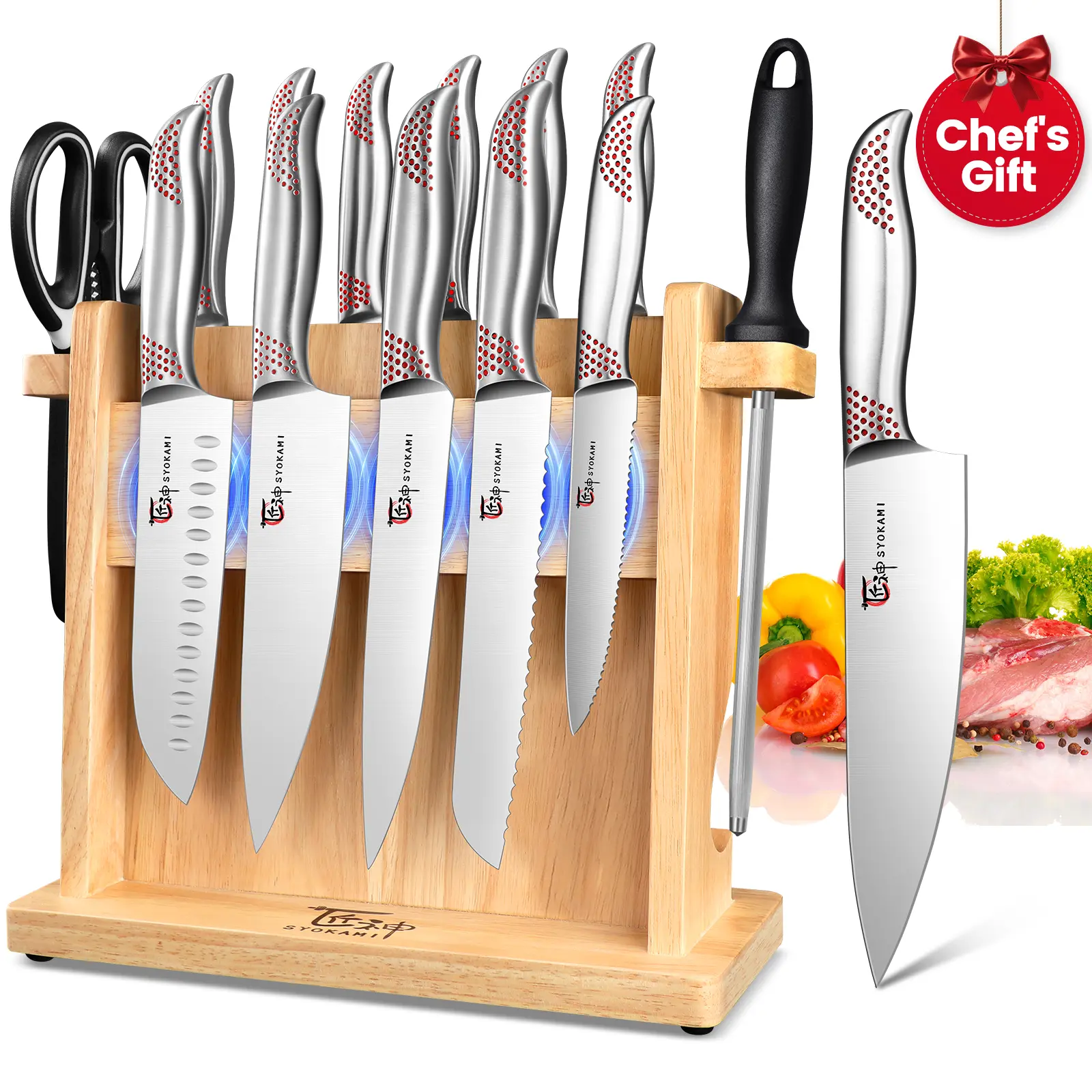 【DealsForYouDays】 SYOKAMI 14 Pieces Kitchen Knife Set with Magnetic Holder, Japanese Style Knife Block Set High Carbon Stainless Steel Ultra Sharp Knives for kitchen with Ergonomic Handle and Sharpener, Mother's Day Gift, Cutting, Kitchenware