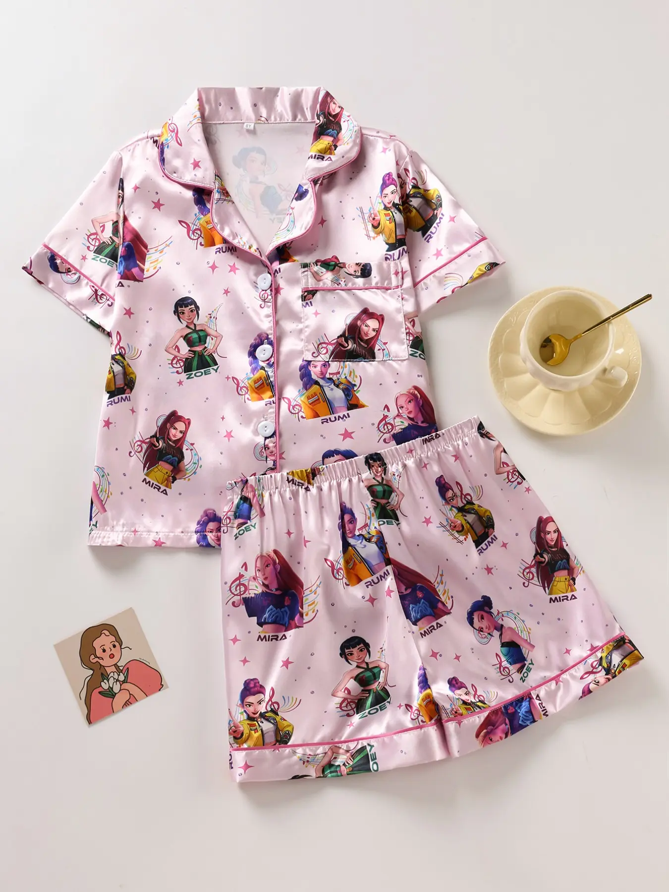 Girls' Sleepwear Pajamas Set Pj Set 2-Piece Sweet Cool Girl Print Button-Down Short Sleeve Top + Elastic Shorts, Soft Satin Fabric, All Seasons, Summer Pajama Set