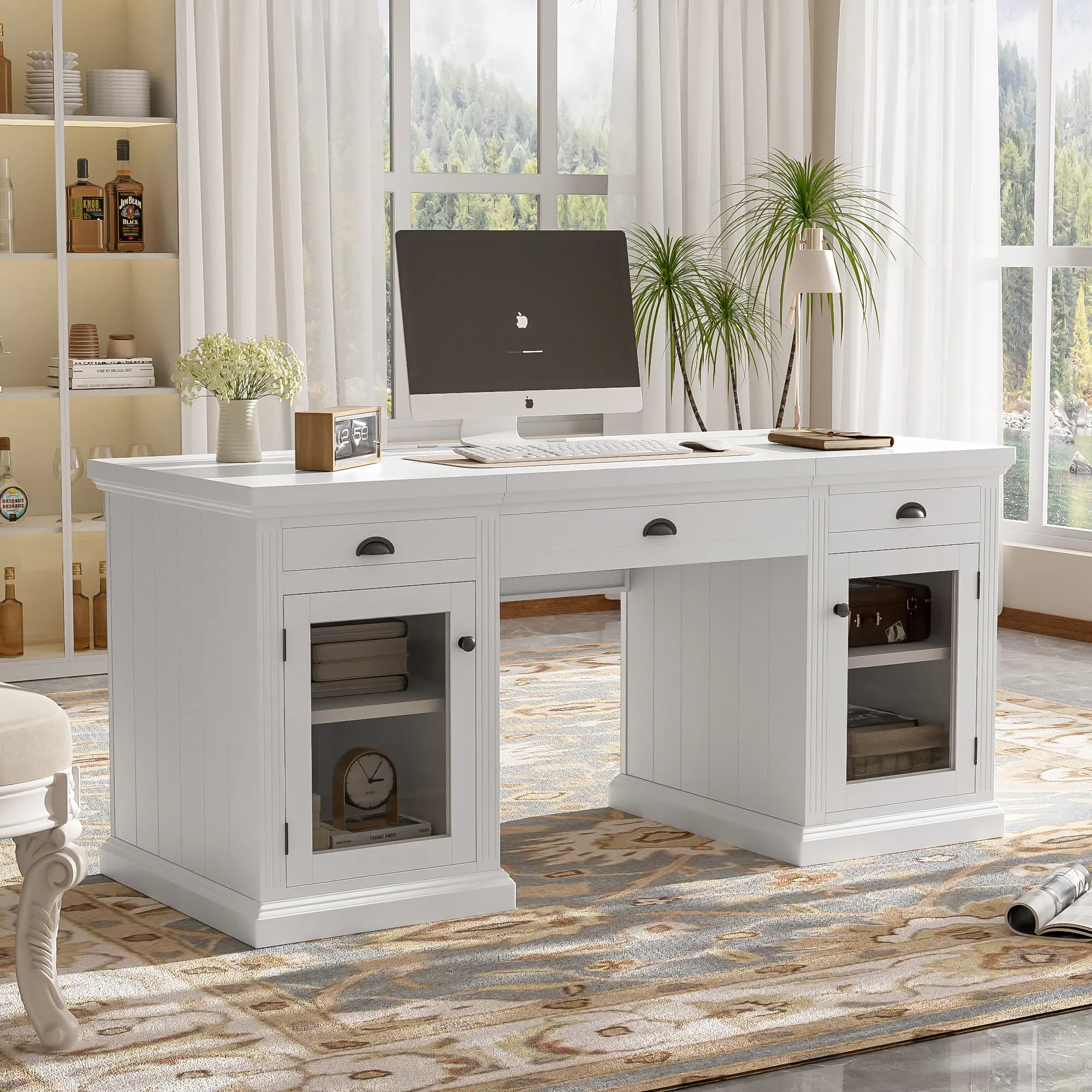 67" Modern Executive Desk with Storage Cabinet and Drawers, Computer Desk with 2 Glass Doors, Rectangle Home Office Writing Table, Workstation for Home Office Living Room Study, White, Living Room Table for Sofa Side, Bedroom, Office