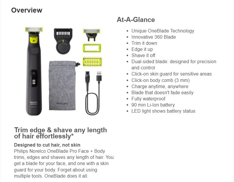 Philips Norelco OneBlade 360 Pro Hybrid Face & Body Electric Trimmer QP6542/70 Philips Norelco OneBlade 360 Pro Hybrid Face & Body Electric Trimmer QP6542/70