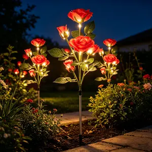 5-Pack Solar Rose Lights Outdoor, Waterproof Artificial Flower Garden Stake Lights with Green Leaves, Decorative Yard Lawn Pathway Lights for Wedding Party Decor