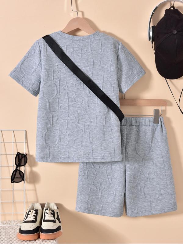 Three-piece Set Boy's Letter Pattern Co-ord Set, Casual Short Sleeve T-shirt & Shorts & Crossbody Bag, Summer Clothes for Kids