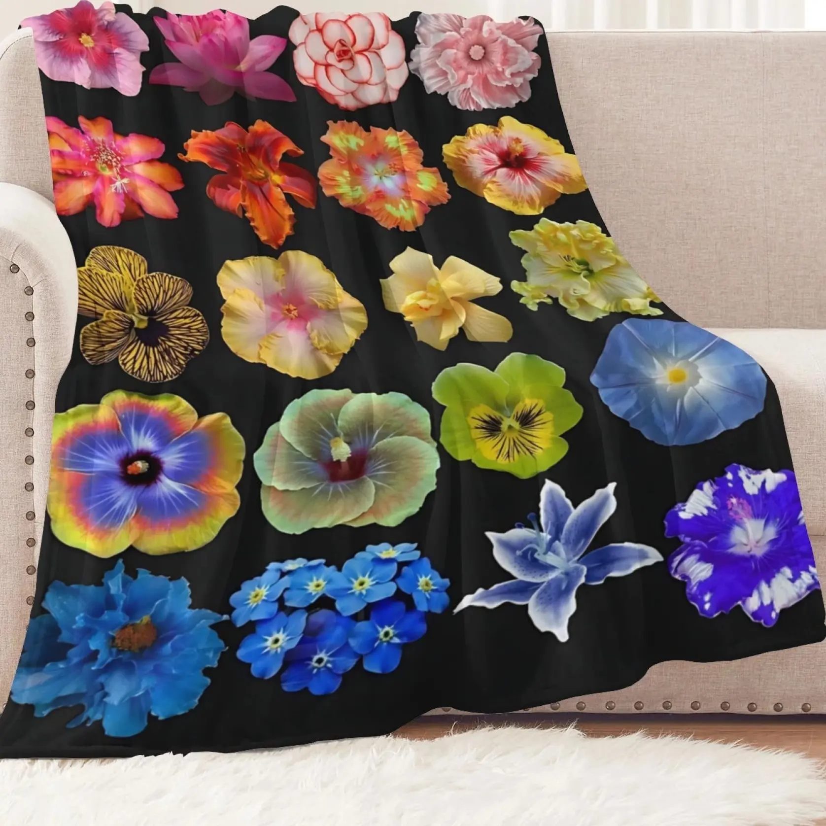 Vibrant Rainbow Flower Collection Flannel Blanket, Multi Color Floral Grid Print on Black Backdrop, Soft Warm Cozy Durable Decorative Throw, Suitable for Bedroom Living Room Home Decor, Ideal Gift for Plant Lovers Women
