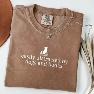 Easily Distracted By Dogs and Books Shirt | Comfort Colors Espresso Brown Tee | Aesthetic Bookworm & Dog Lover Gift | Bookish Graphic Comfort Colors