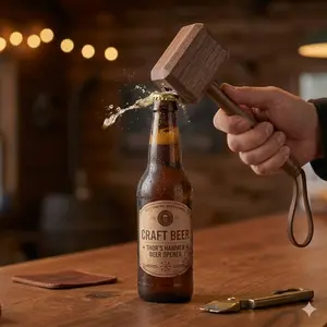 Wooden Viking Hammer Beer Opener with Leather Strap Cool Novelty Gifts for Men, Dad, Father's Day