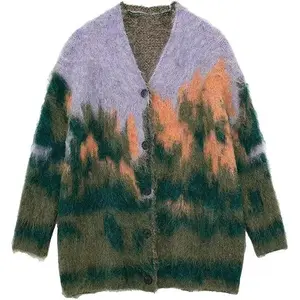 Women Contrast Color Gradient Landscape Paint Printed Fluffy Cardigan Sweater V-Neck Single Breasted Long Sleeve Outcoat