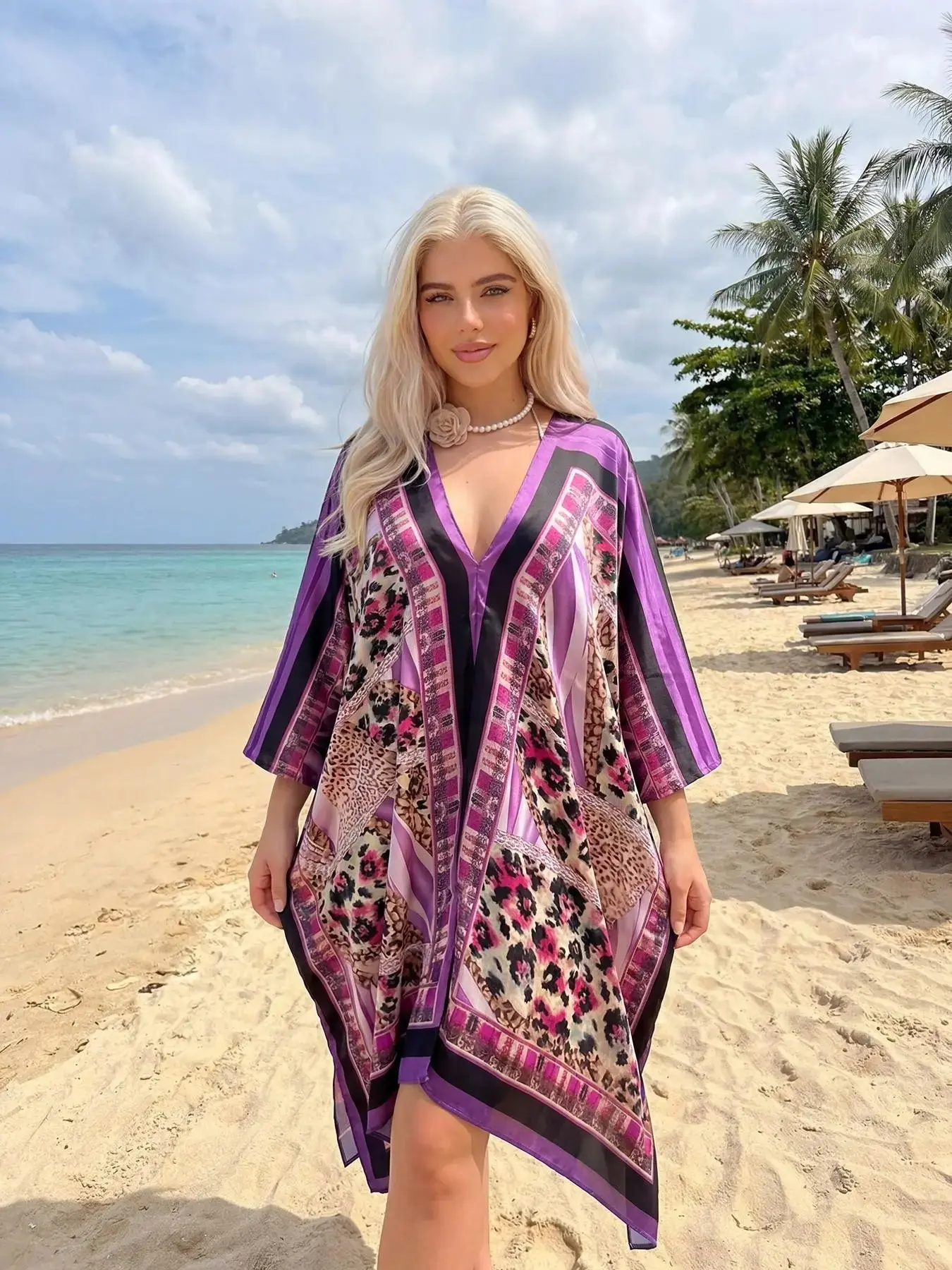 Women's Large V-Neck Shawl, Beach Cover-Up, Summer Coverup, Loose Breathable, Eye-Catching Print, Perfect for Vacation & Daily Wear, Summer Essential