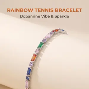 Stunning rainbow zirconia tennis bracelet, adjustable silver chain—summer dopamine-inspired stackable wrist jewelry