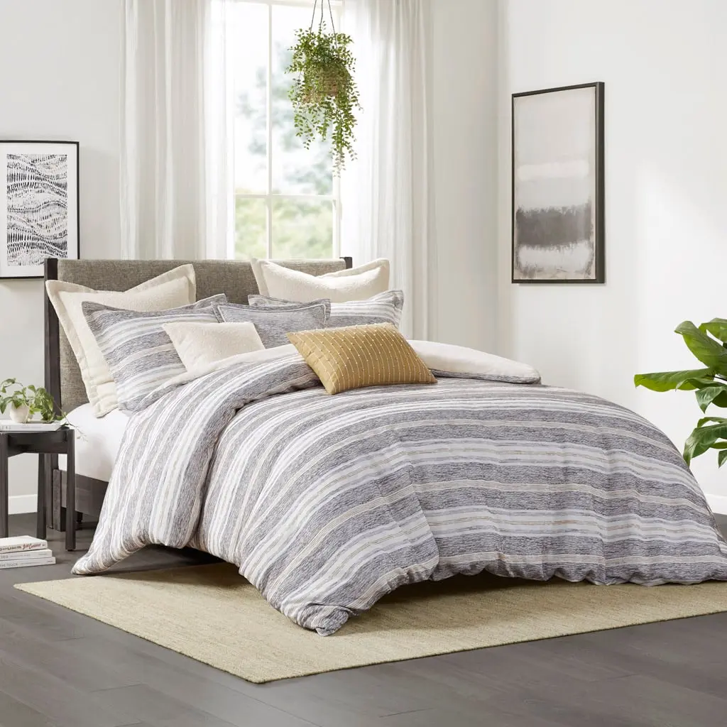 360 Stand Oasis Oversized Chenille Jacquard Weave Comforter Set, Charcoal - Full & Queen Size, 92x96x1.5in, Cotton Blend, Hypoallergenic, Multiple Pieces with Euro Shams & Throw Pillows, Bedding Sets, Queen Bedding Sets