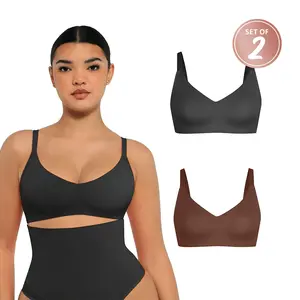 FeelinGirl  2-Piece WIRELESS  Women's  non-underwire with three rows of buckle  & convenient straps Bra  Seamless    Set  Comfortable Basic