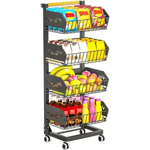 Heavy 4-Tier Snack Cart with Wheels ,Removable Rolling Pantry Floor Organizers ,Upgraded  and Thicker, Kitchen Fruit Basket Stand and Storage Rack for Fruit Snack Onion