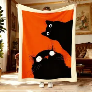 Cute Spooky Black Cat Flannel Blanket | Orange Background Big Eyes Cat Cozy Throw for Cat Lovers