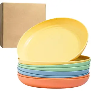 Deep Dinner Plates Set of 8 - Wheat Straw Plates, Alternative for Plastic Plates, Microwavable, Dishwasher Safe, Unbreakable Dinnerware, Reusable Dinner Plates (Meadow 9")