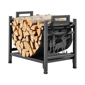 Indoor Firewood Rack, 1.5 ft Curved Log Holder with Canvas Carrier, 40lb Weight Capacity Wood Storage Stand, Powder-Coated Steel Firewood Holder, Heavy Duty Wood Pile Stacker Rack for Fireplace