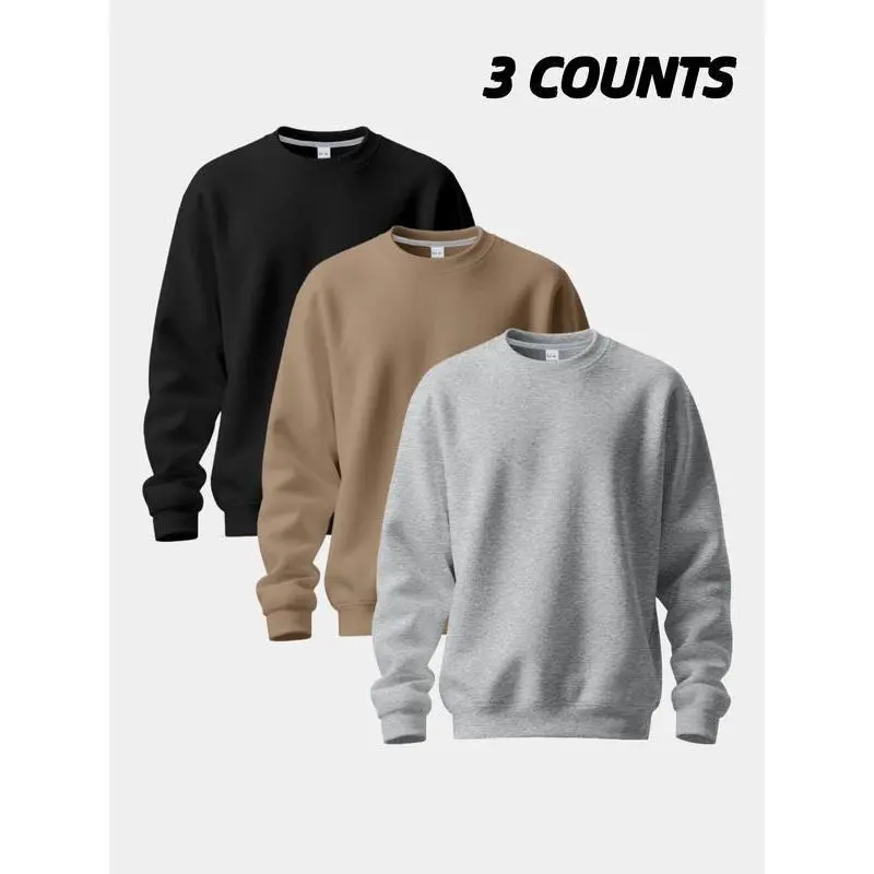 2025Men's 3 Pack Crew Neck Sweatshirts, Soft Fleece Casual Pullover Set, Classic Solid Color Long Sleeve Tops for Daily Wear, Workout & Layering 2025Men's 3 Pack Crew Neck Sweatshirts, Soft Fleece Casual Pullover Set, Classic Solid Color Long Sleeve Tops for Daily Wear, Workout & Layering