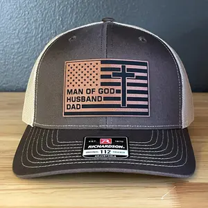 American Flag Man Of God Cross Christian SnapBack Trucker Hat Leather Patch