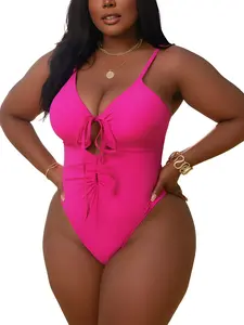Women's Plus Size Deep V Neck Backless Swimsuit, Backless Swimwear, Sexy Hollow Out One-Piece Bathing Suit, Slim-Fitting for Beach Pool