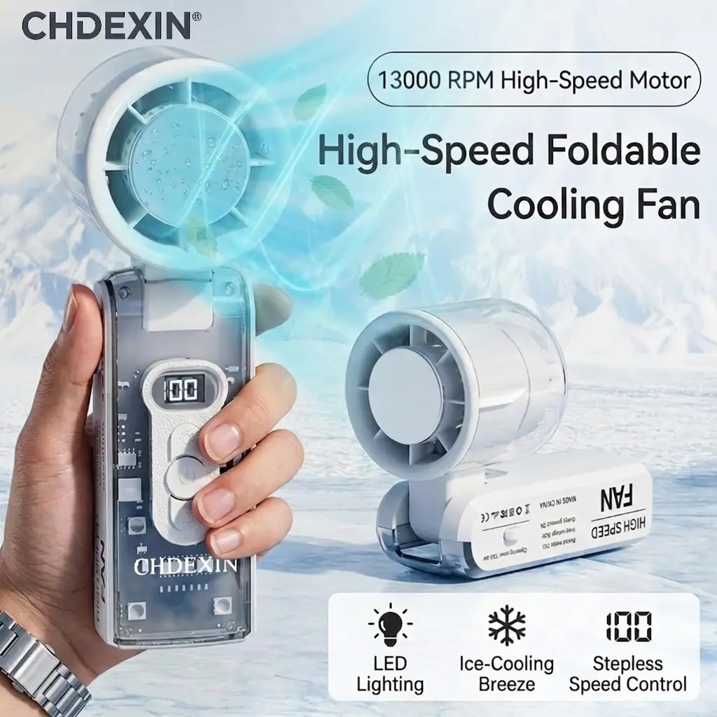 Turbo Fan Transparent Mecha Style 100-Speed Handheld Cooling Fan Foldable LED Digital Display