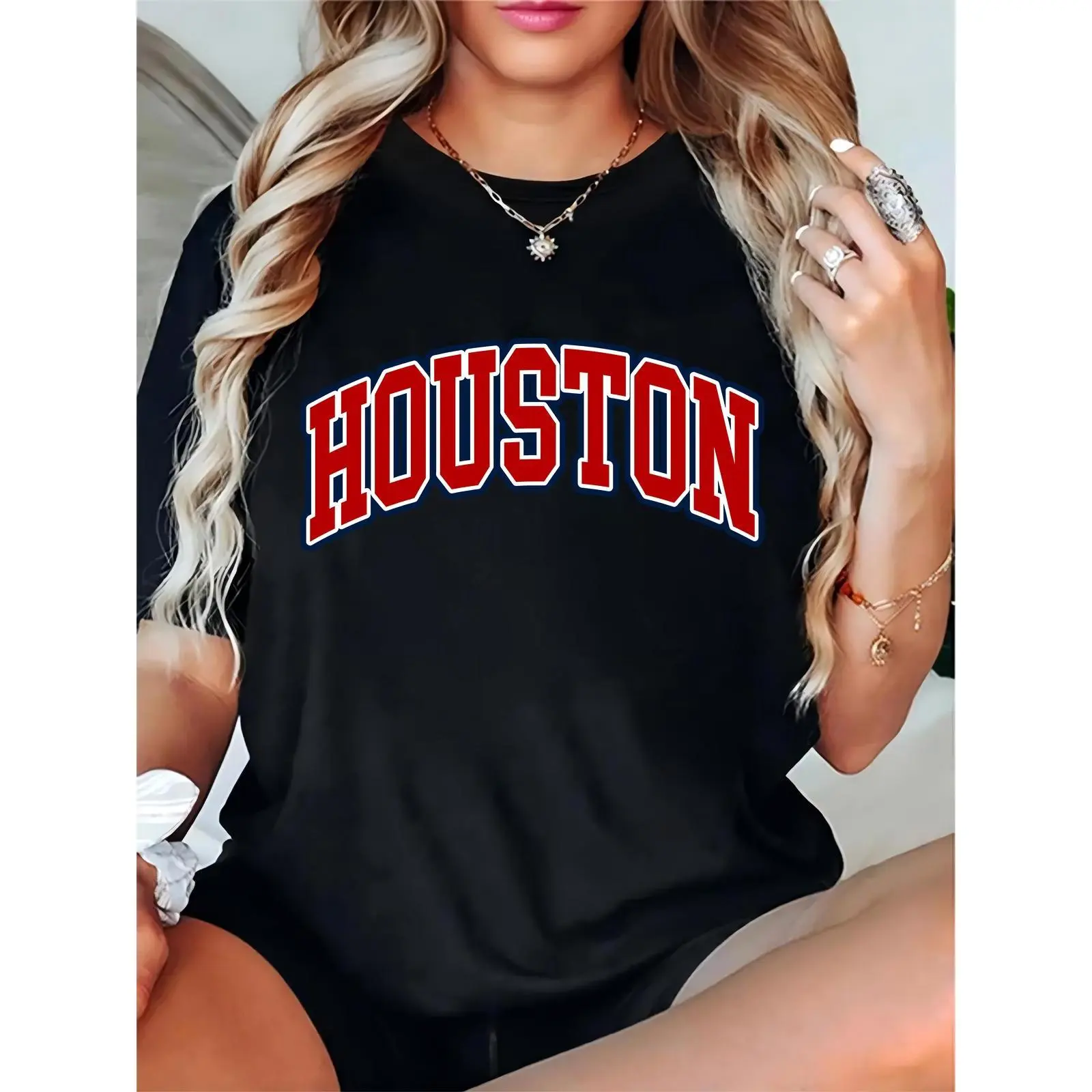 Women's Black Houston Graphic T - Shirt, Red & Blue Letter Print Casual Short Sleeve Tee for Daily Wear, Sports, City Outings – Comfortable & Stylish for Ladies & Girls