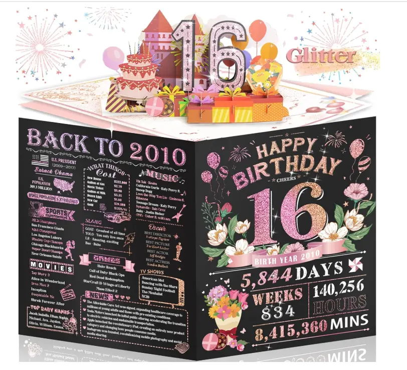16th Birthday Card for Women Her, Large 3D Pop Up 16th Birthday cards for Mom Wife, Happy 16 Year Old Birthday Decorations for Grandma, Mother, Daughter Funny Birthday Gifts, Back to 2010, Pink